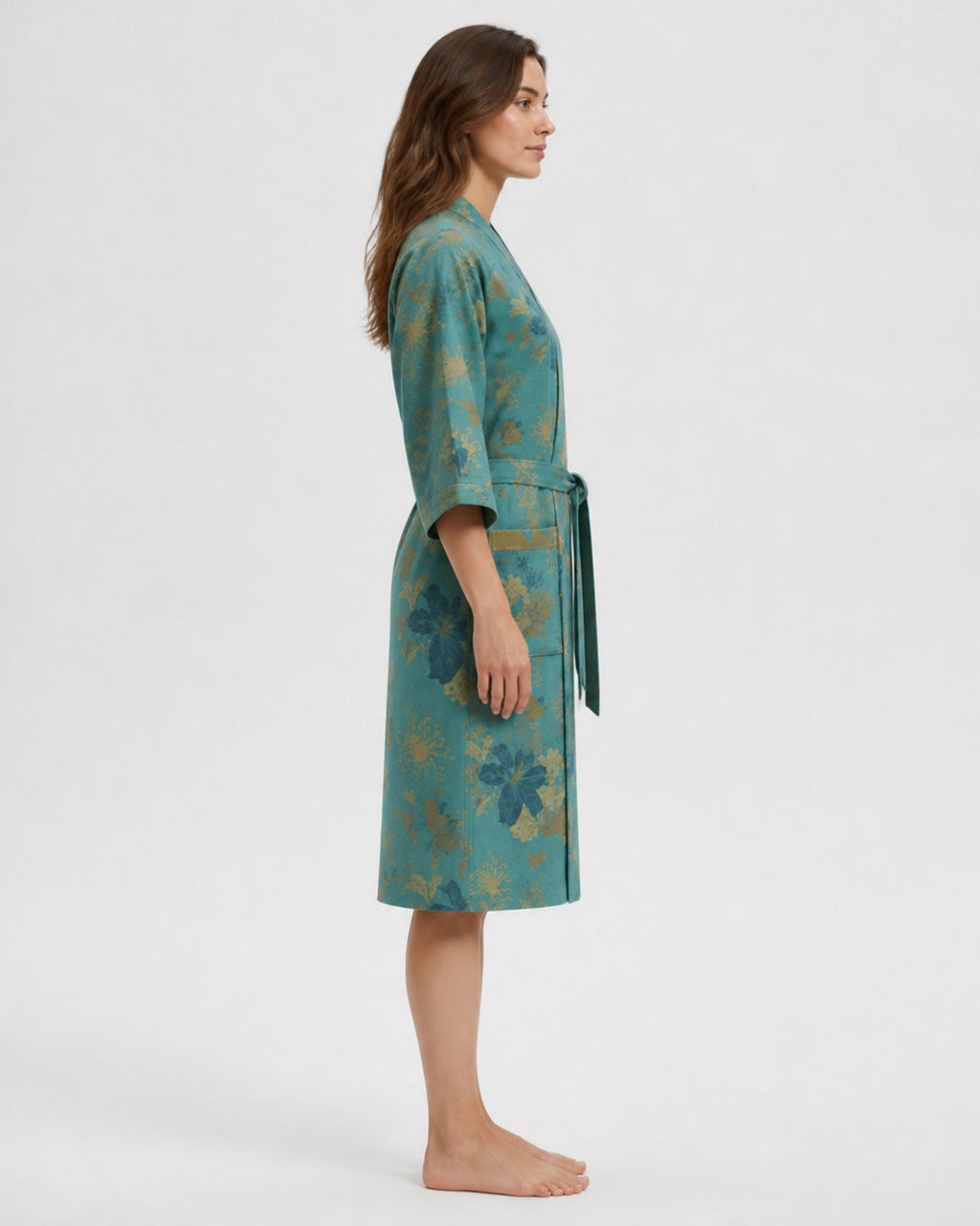Peignoir kimono femme Kasane bleu turquoise fleuri - vue de profil