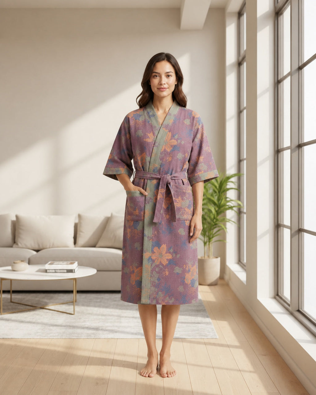 Peignoir kimono femme Nozomi mauve porté dans un intérieur lumineux