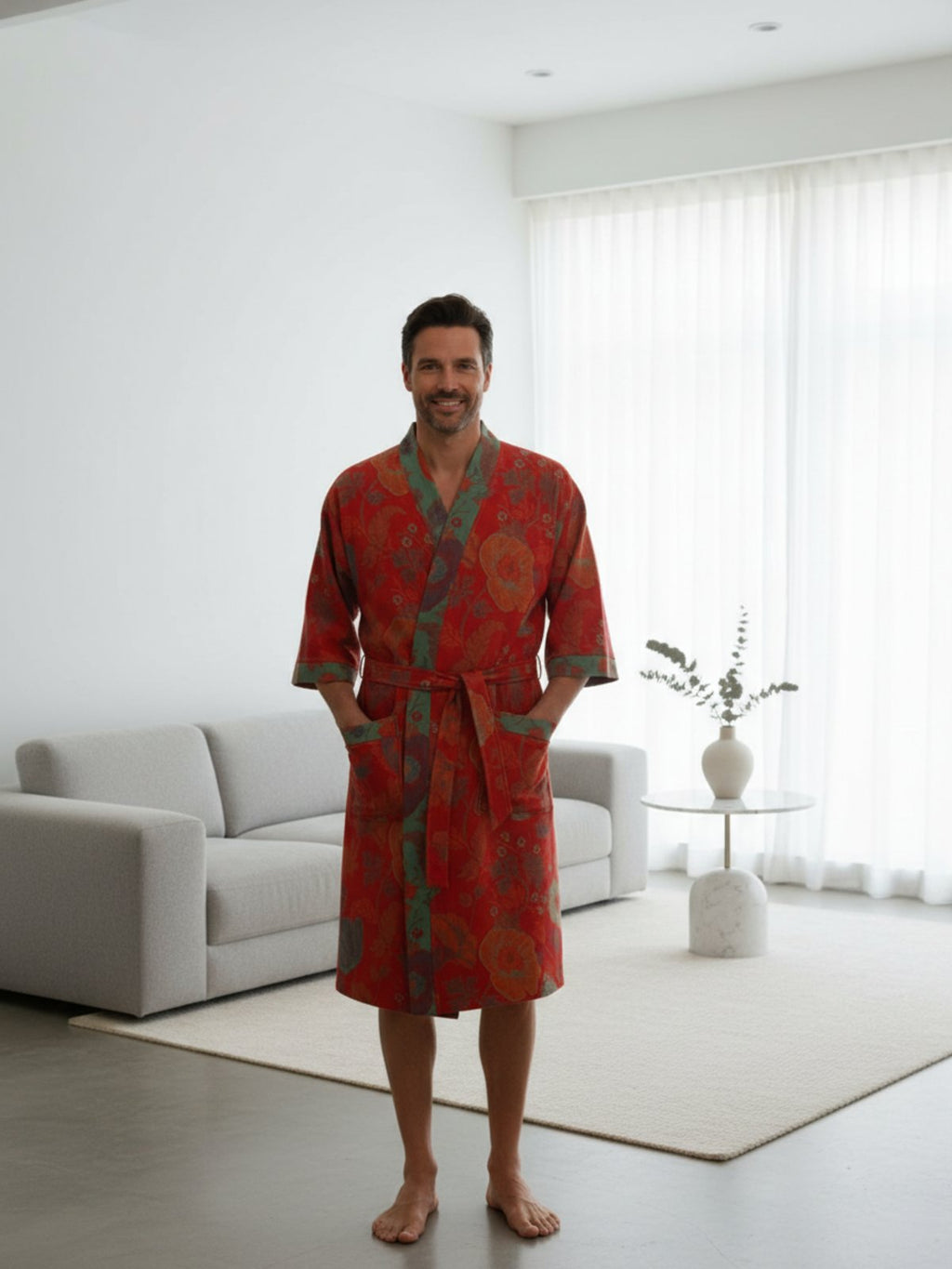 Peignoir kimono homme Akikaze rouge a motifs floraux - vue portee