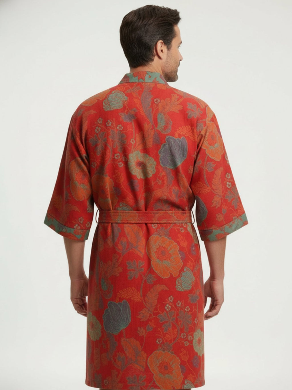 Peignoir kimono homme Akikaze rouge a motifs floraux - vue de dos