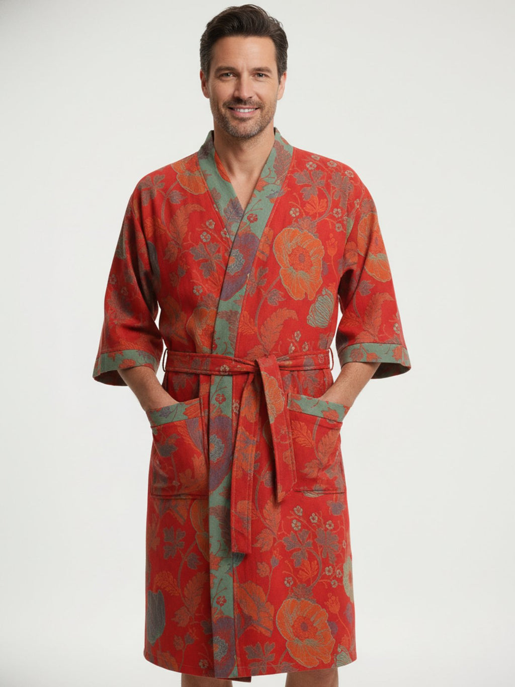 Peignoir kimono homme Akikaze rouge a motifs floraux - vue de face