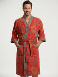 Peignoir kimono homme Akikaze rouge a motifs floraux - vue de face
