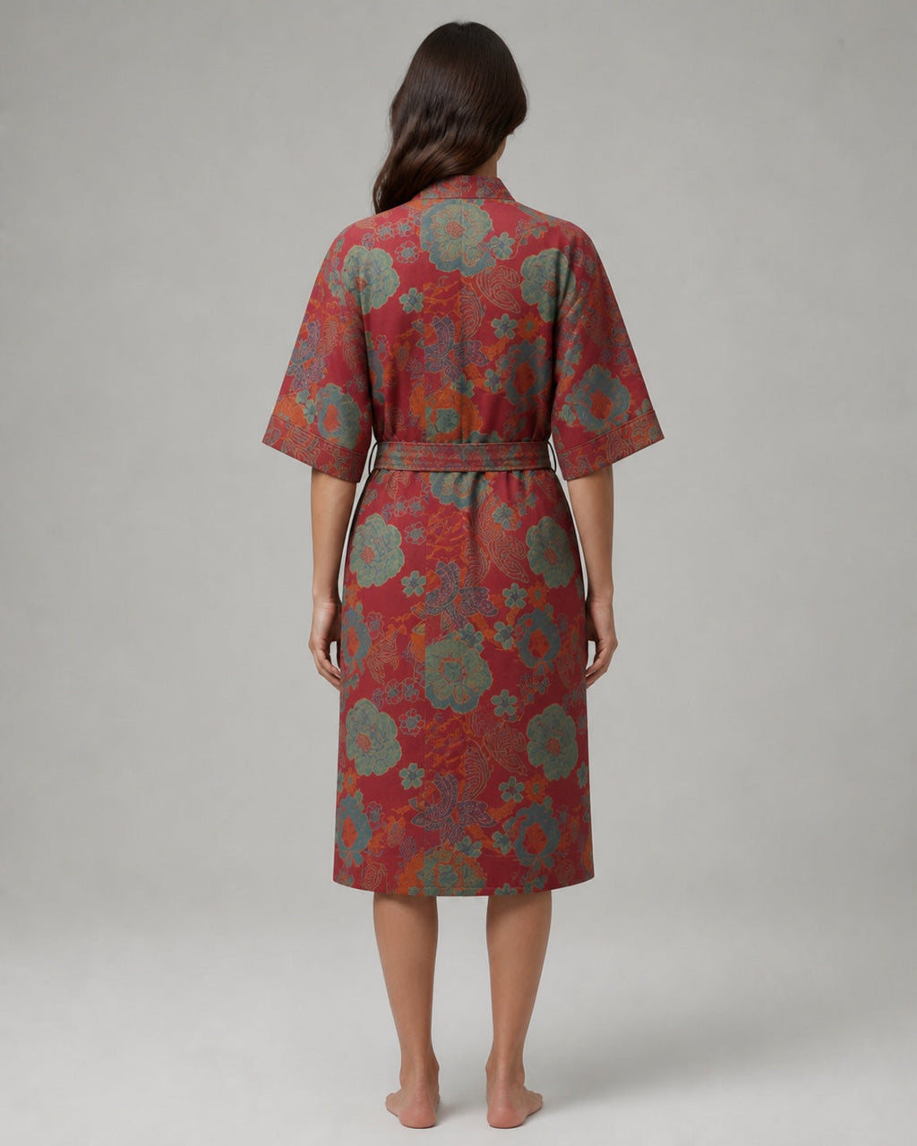 Peignoir kimono femme Saki rouge à motifs floraux - vue de dos