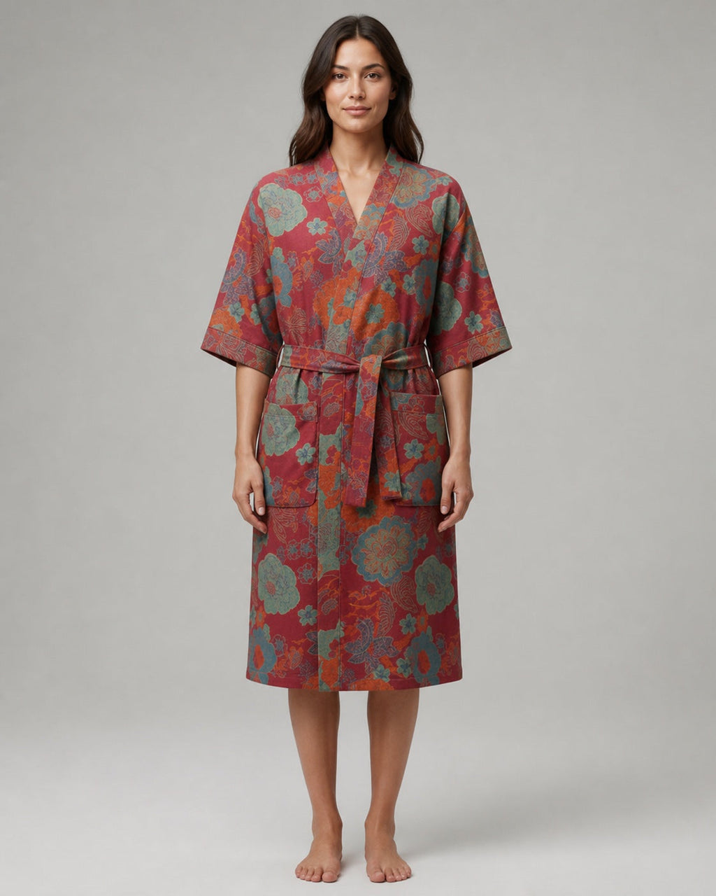 Peignoir kimono femme Saki rouge à motifs floraux - vue de face