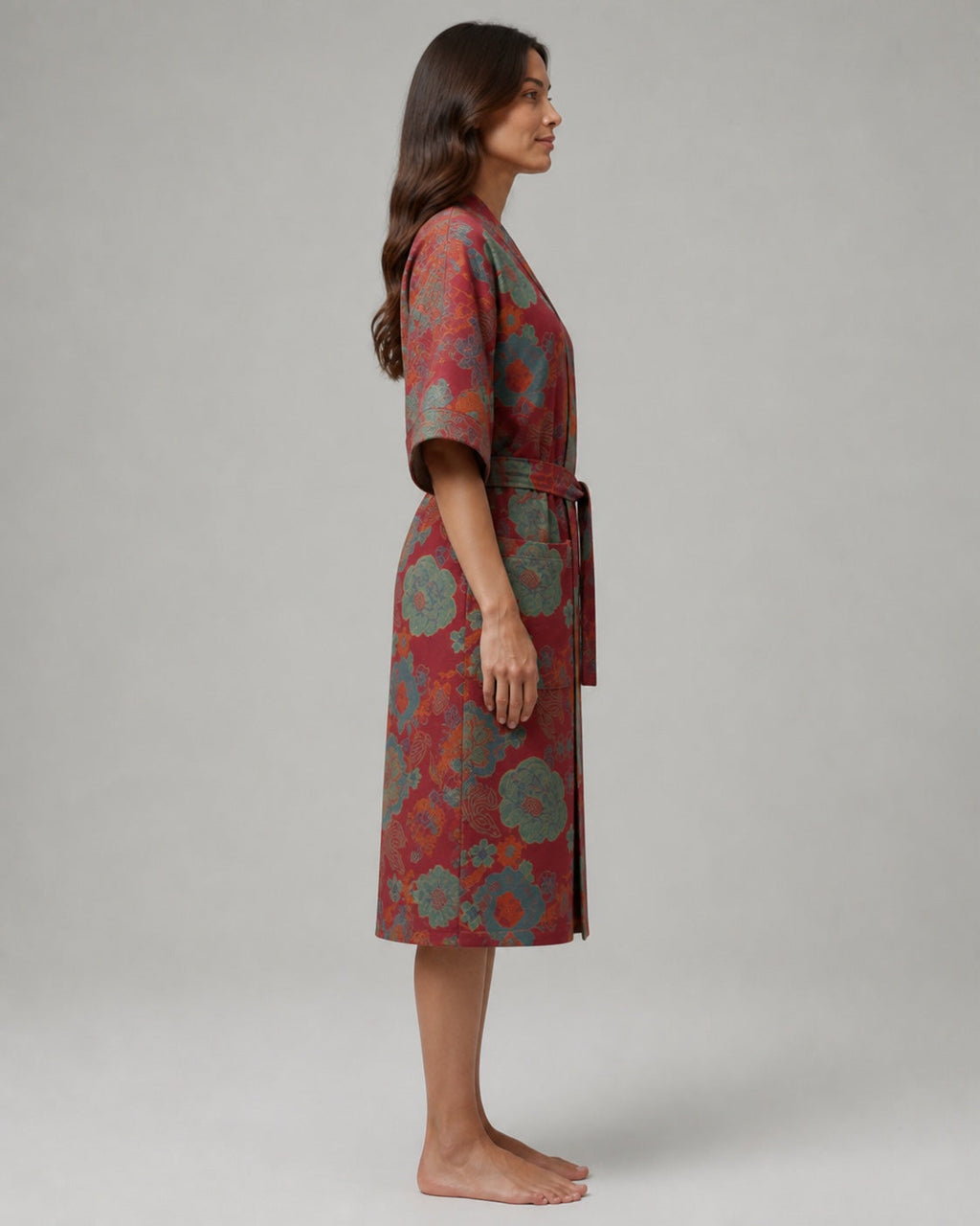 Peignoir kimono femme Saki rouge à motifs floraux - vue de profil