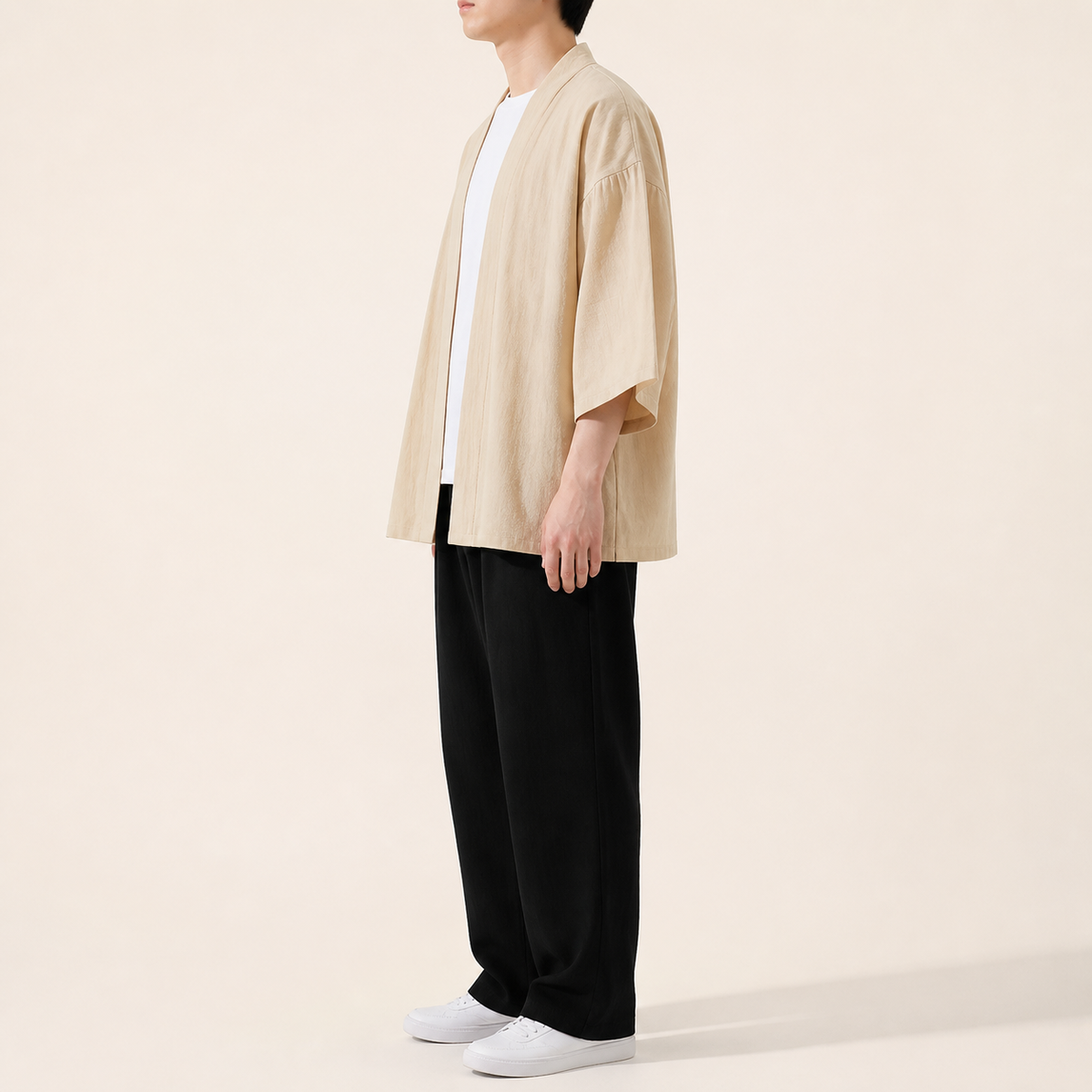 Veste kimono homme Uzuki beige - vue de profil
