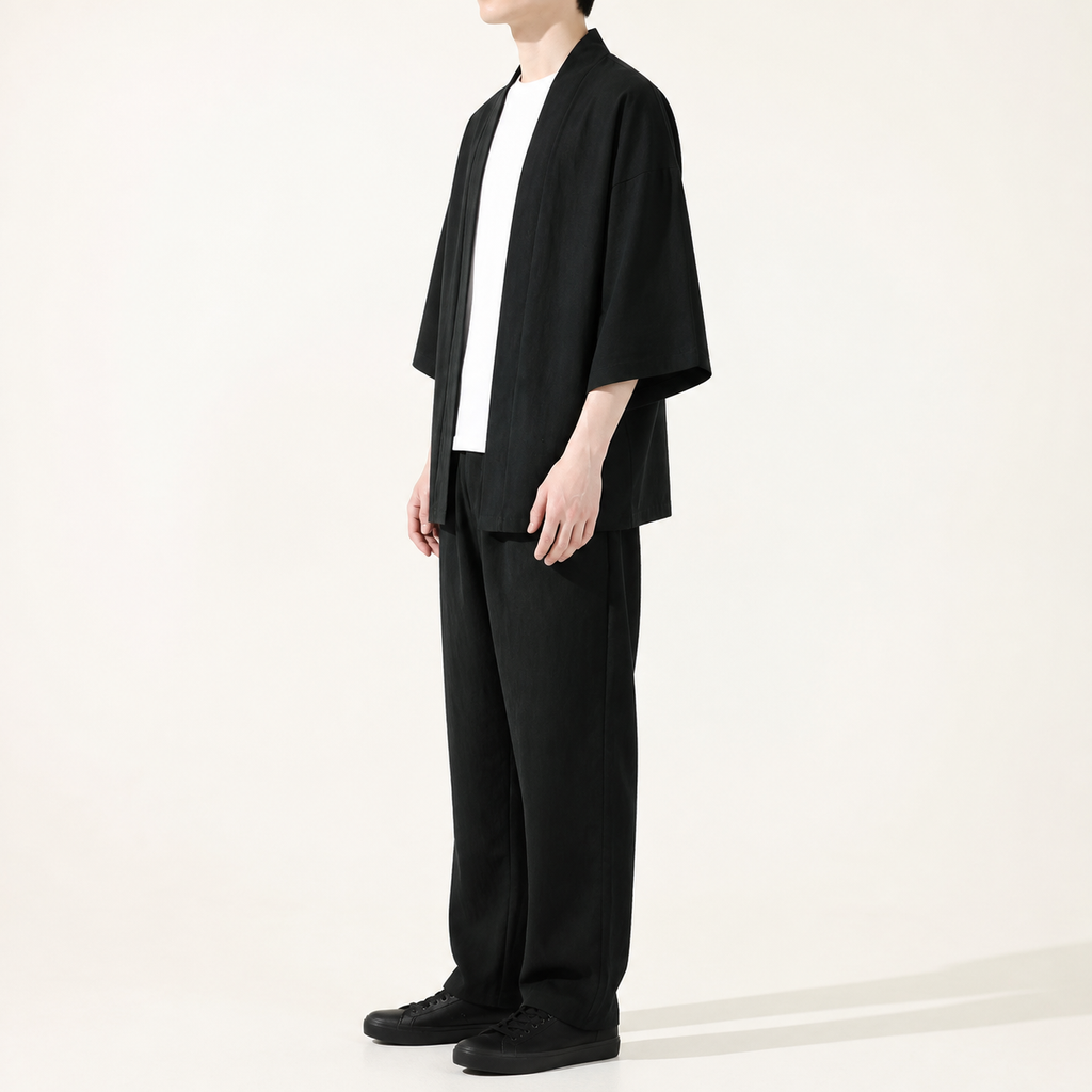 Veste kimono homme Uzuki noire - vue de profil