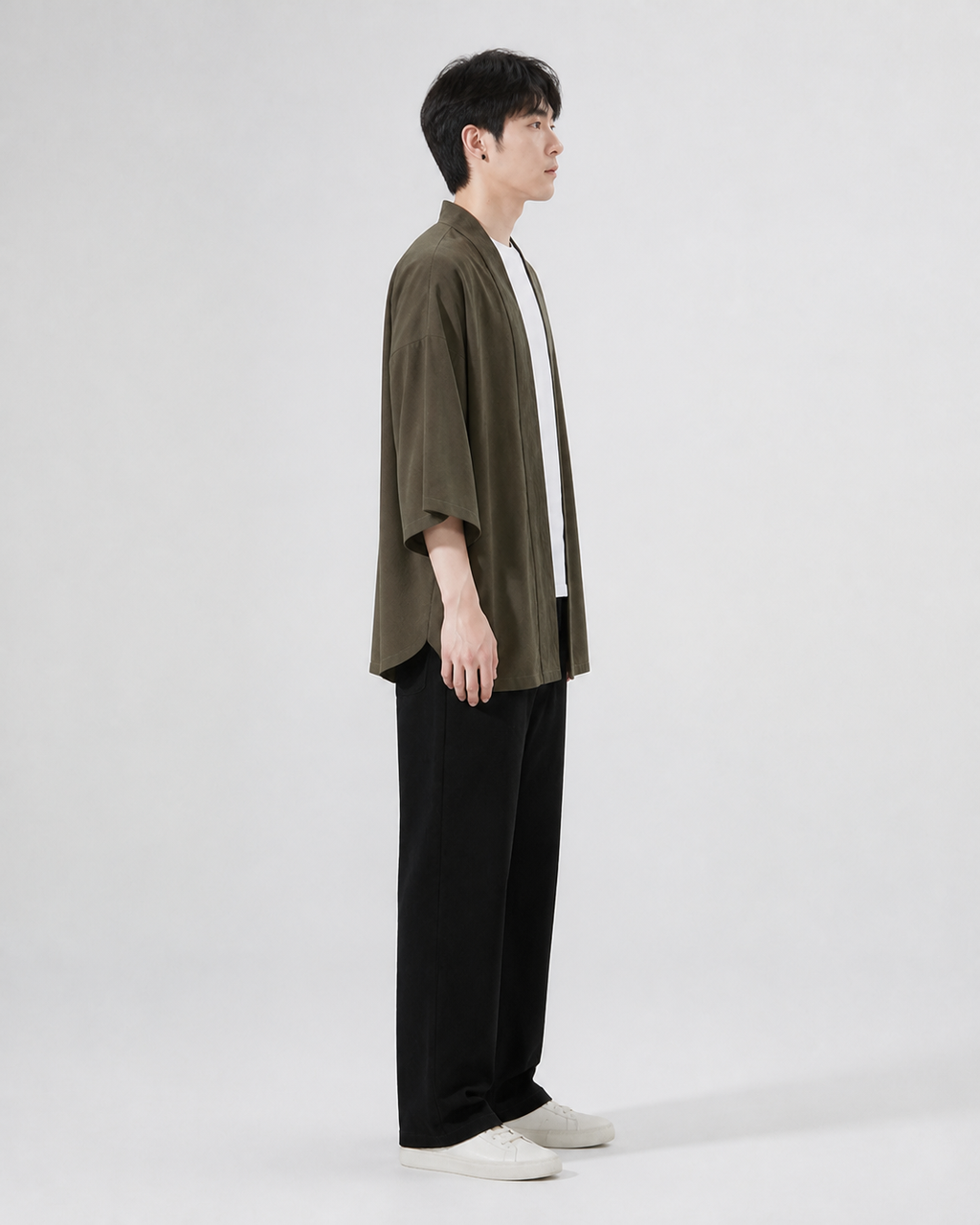 Veste kimono homme Uzuki kaki, vue de profil