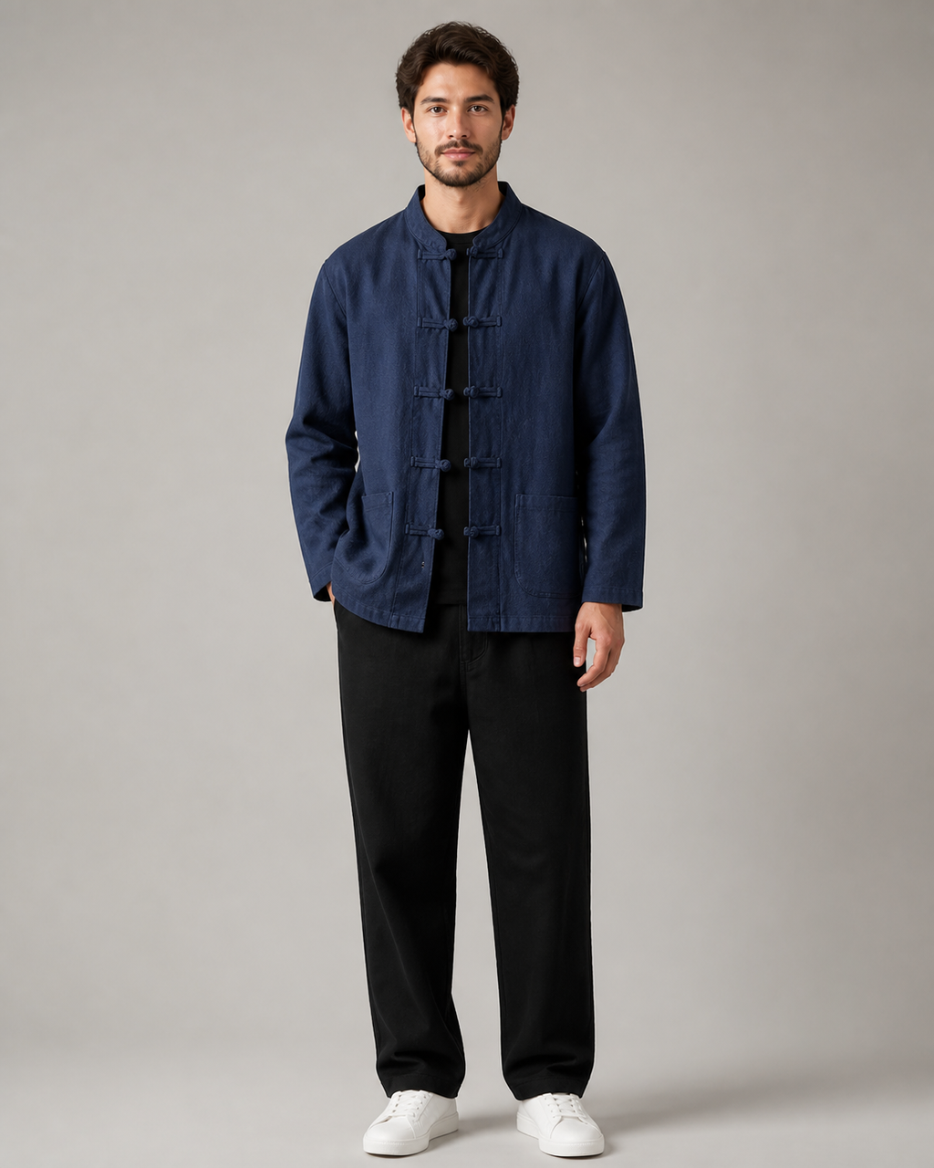 Veste à col mao homme Ume bleu marine - vue de face portée par un modèle masculin