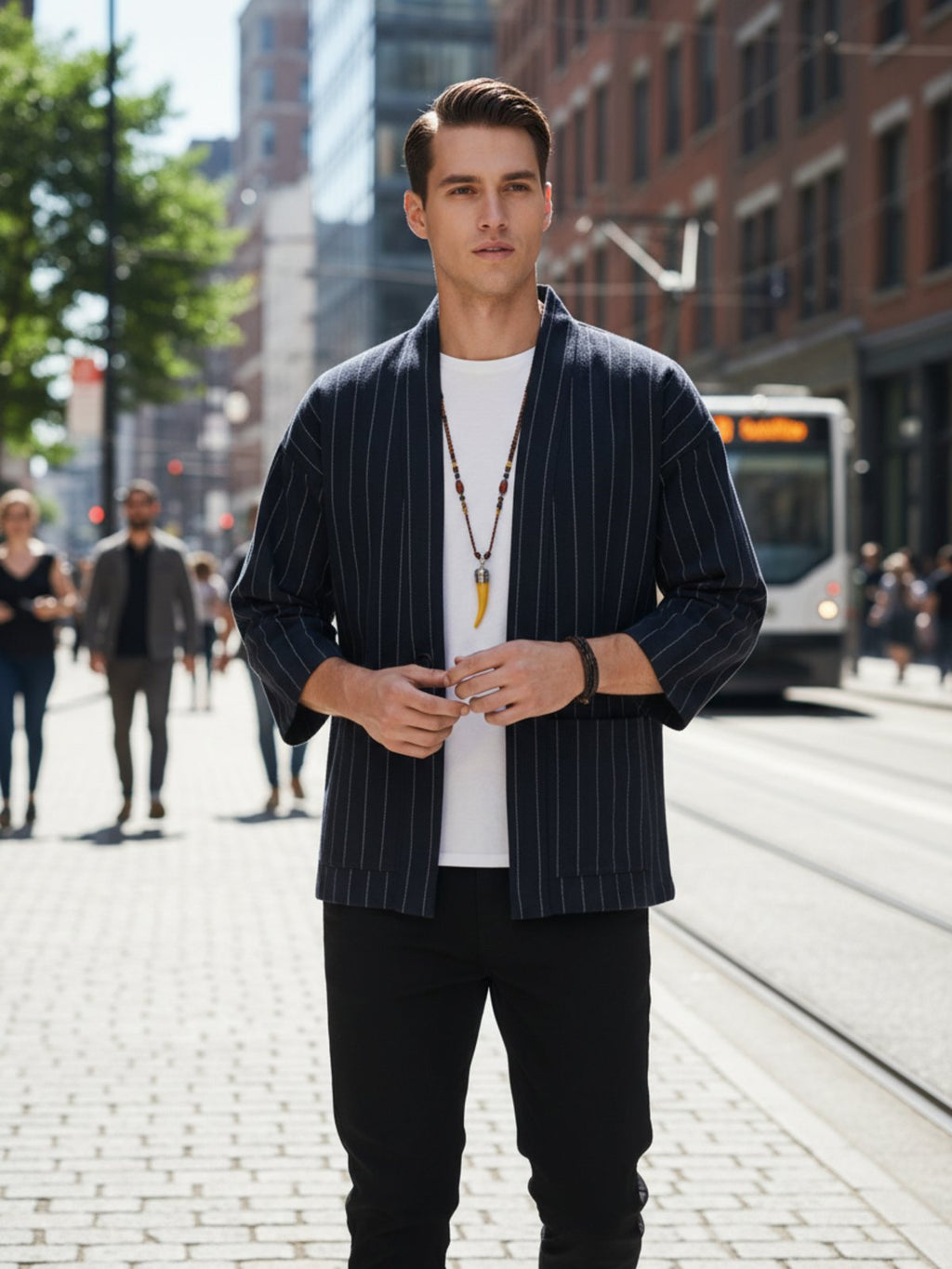 Veste kimono homme Momiji bleu marine - mise en situation