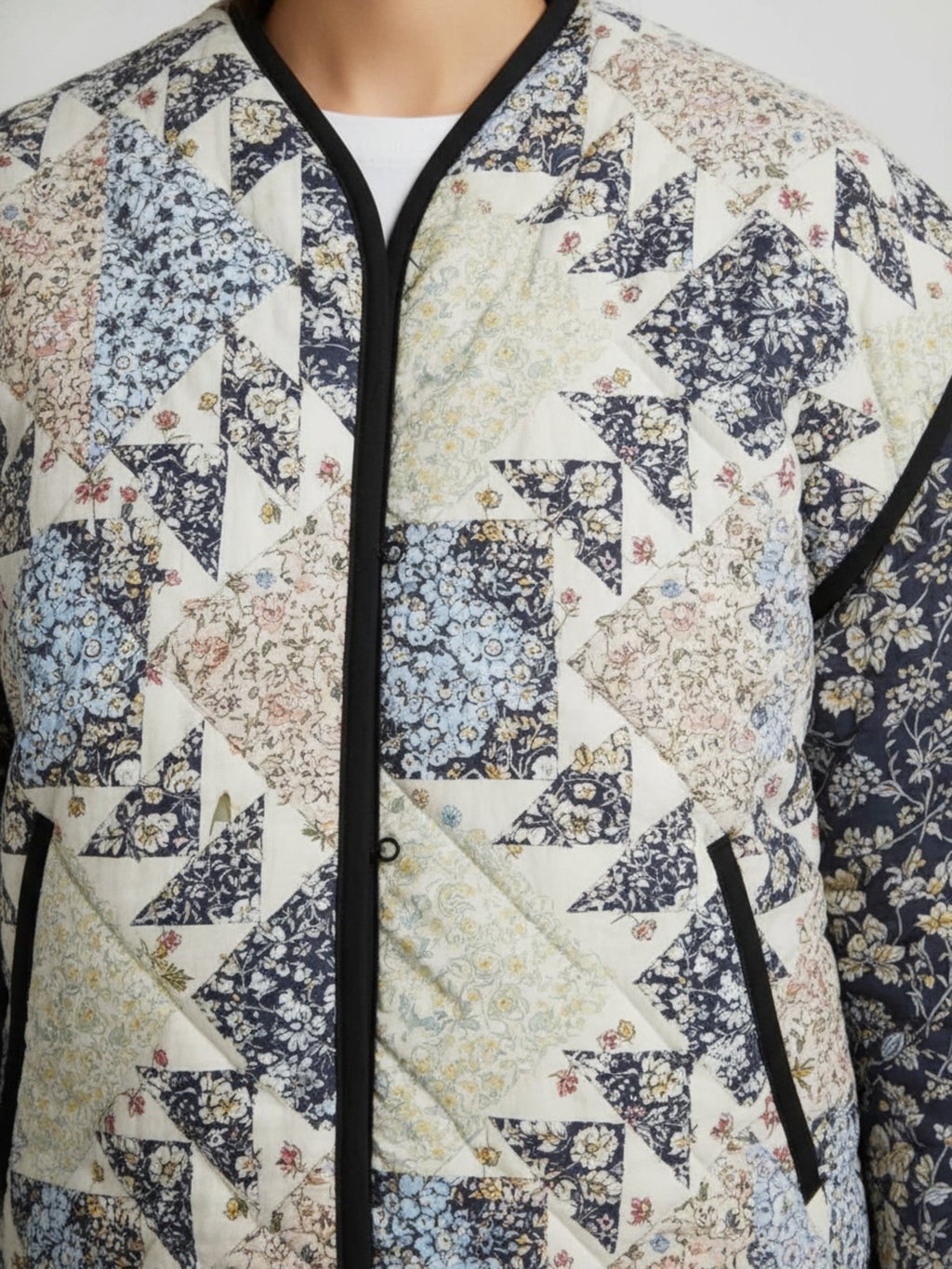 Veste matelassée patchwork femme Yuki - détail du patchwork et du biais sombre