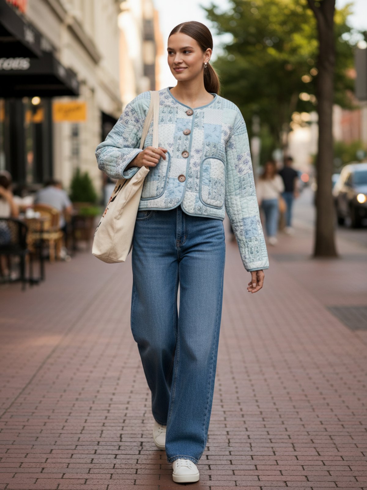 Veste kimono matelassee femme Yuzuki bleu - mise en situation