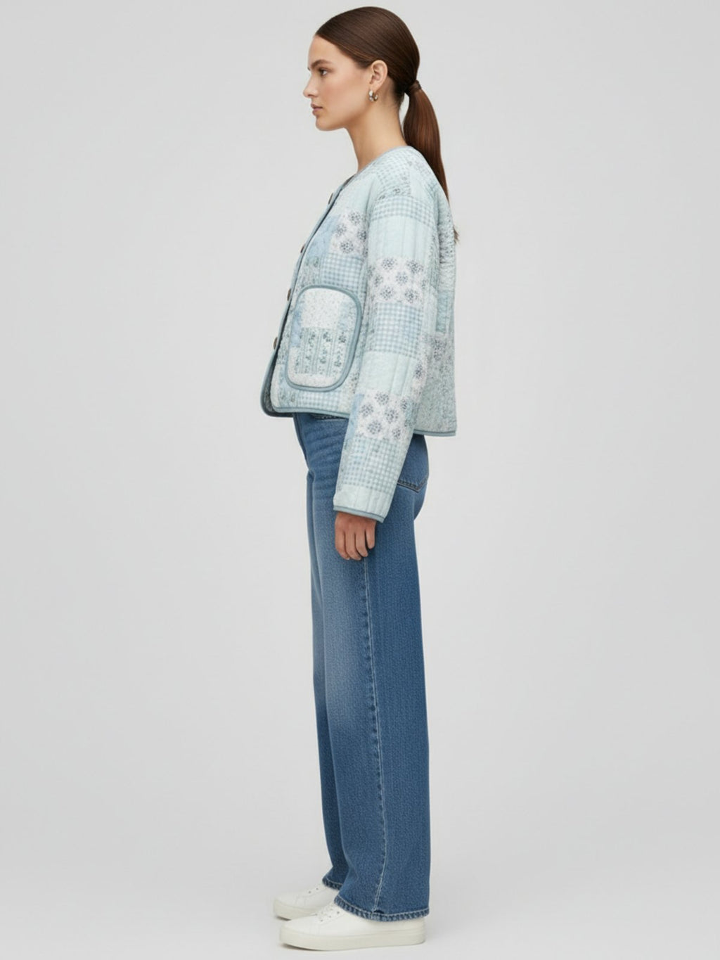 Veste kimono matelassee femme Yuzuki bleu - vue de profil
