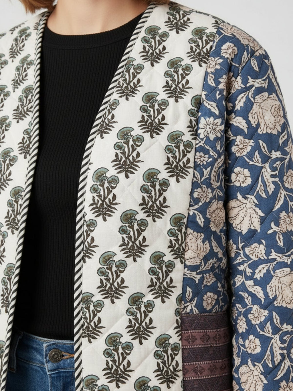 Veste kimono matelassée imprimée femme Hasu - détail du matelassage et des imprimés contrastés