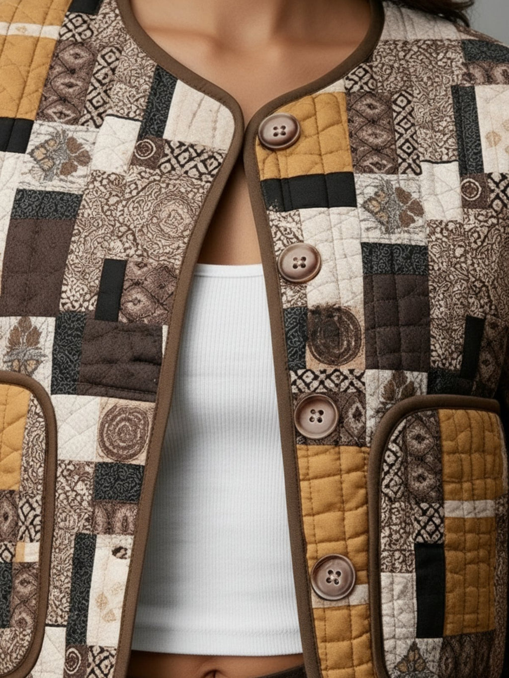 Veste kimono matelassee femme Yuzuki marron - detail du tissu