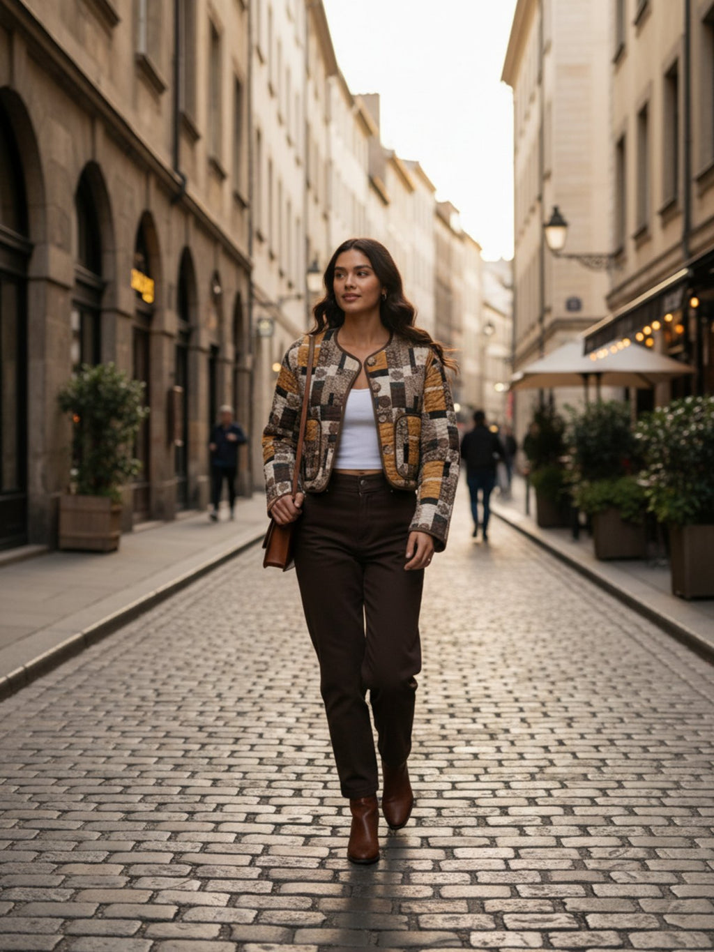 Veste kimono matelassee femme Yuzuki marron - mise en situation