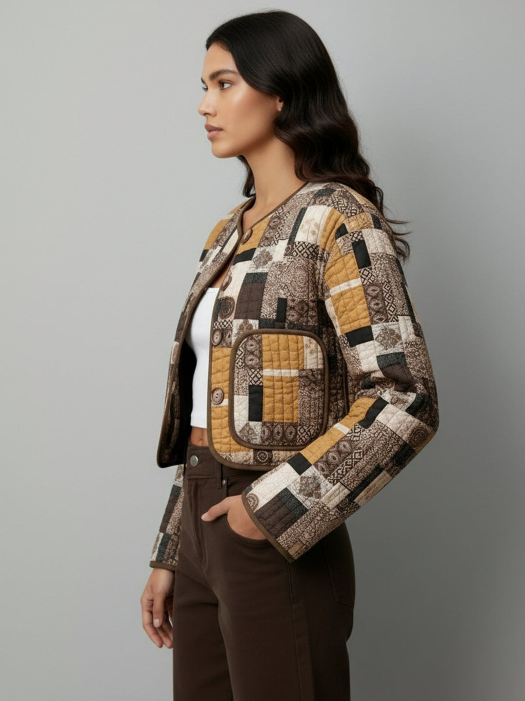 Veste kimono matelassee femme Yuzuki marron - vue de profil