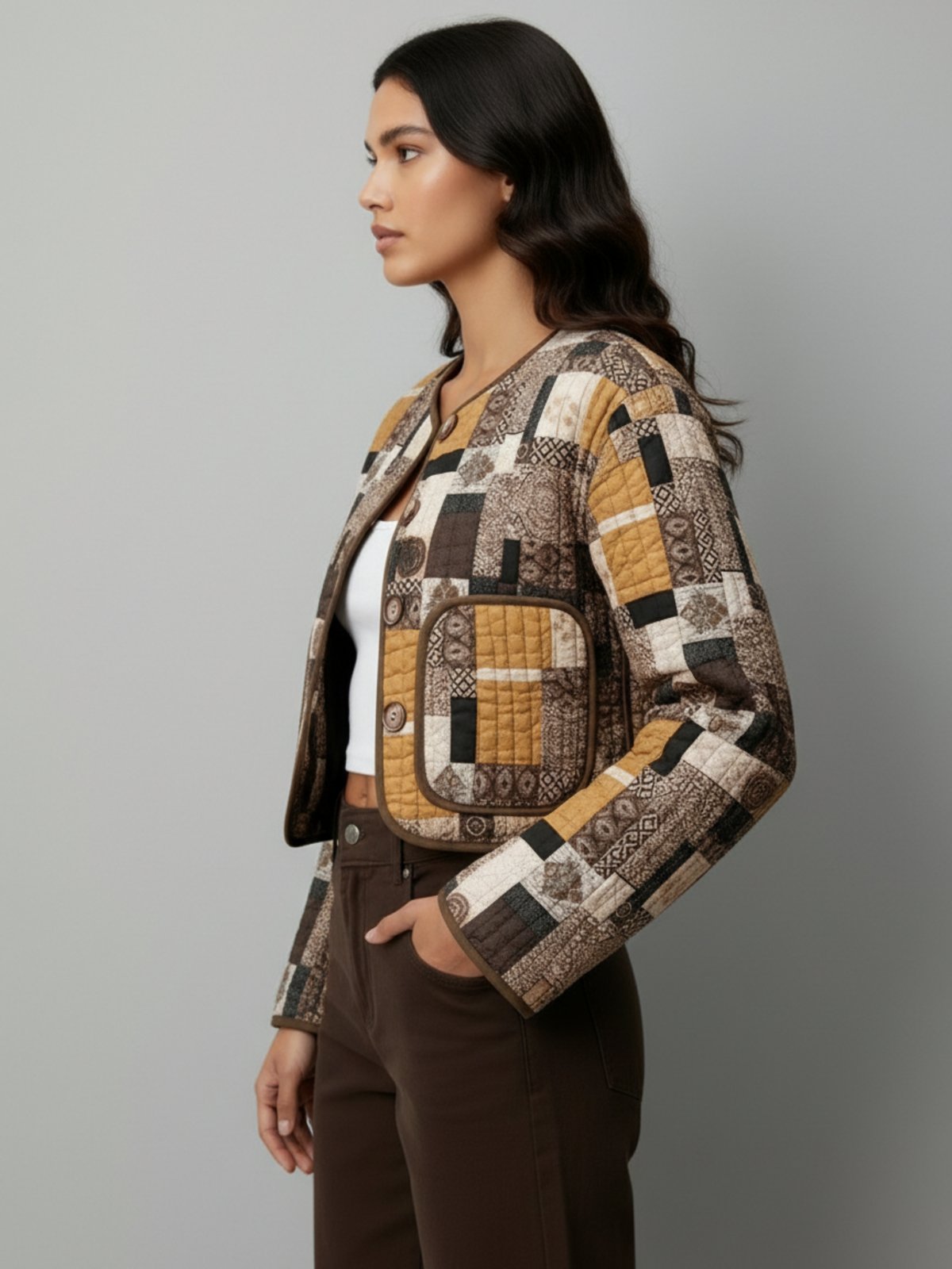 Veste kimono matelassee femme Yuzuki marron - vue de profil