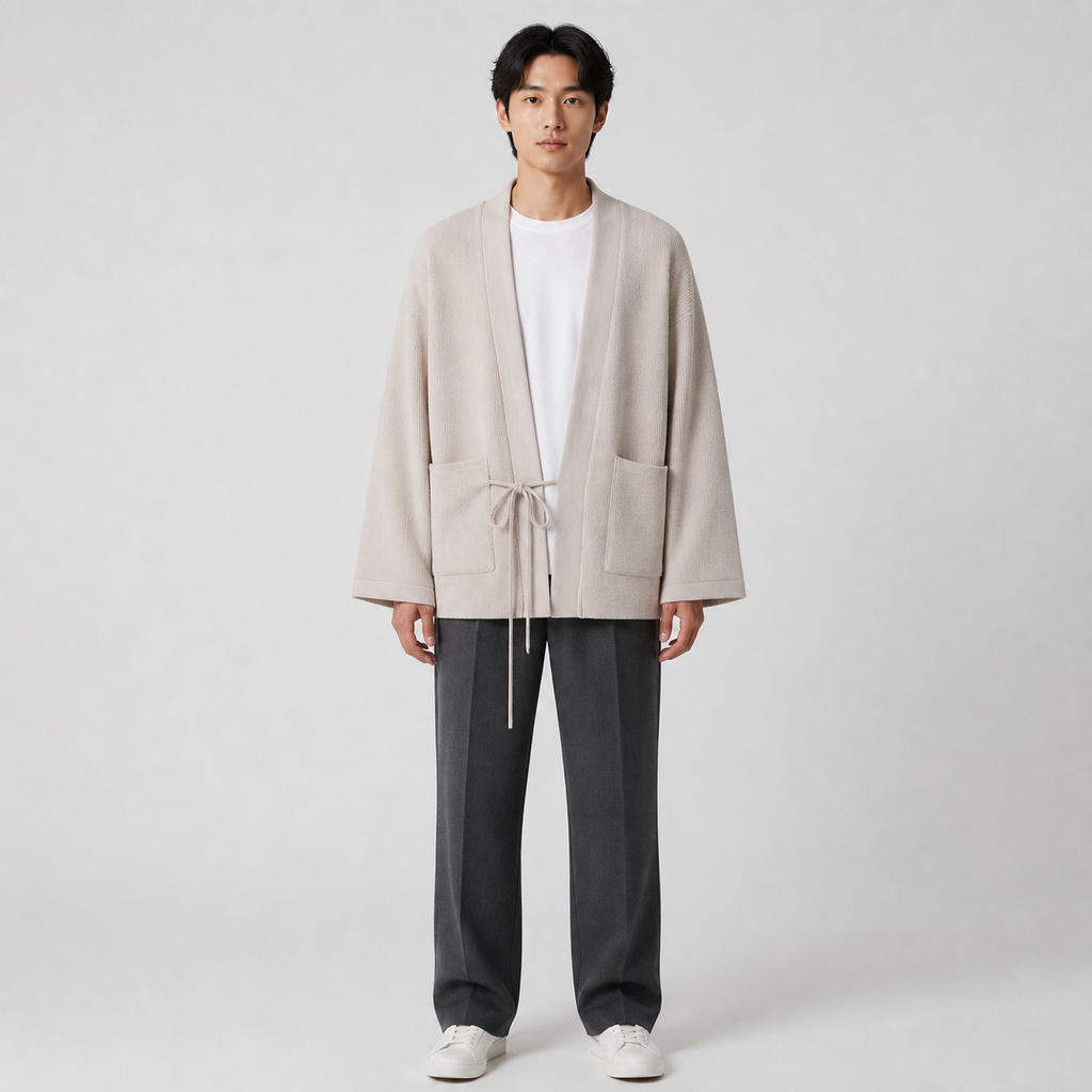 Veste kimono tricotée homme Shizuku beige vue de face