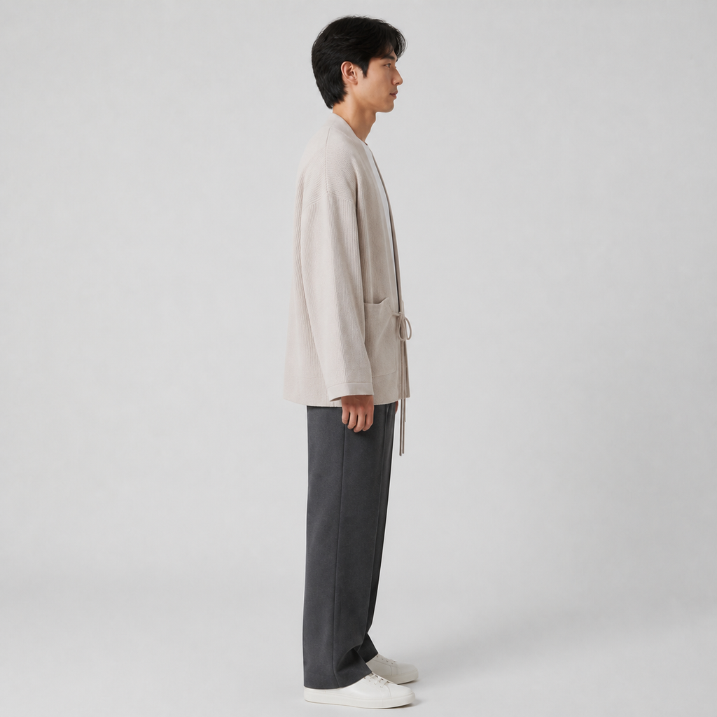 Veste kimono tricotée homme Shizuku beige vue de profil