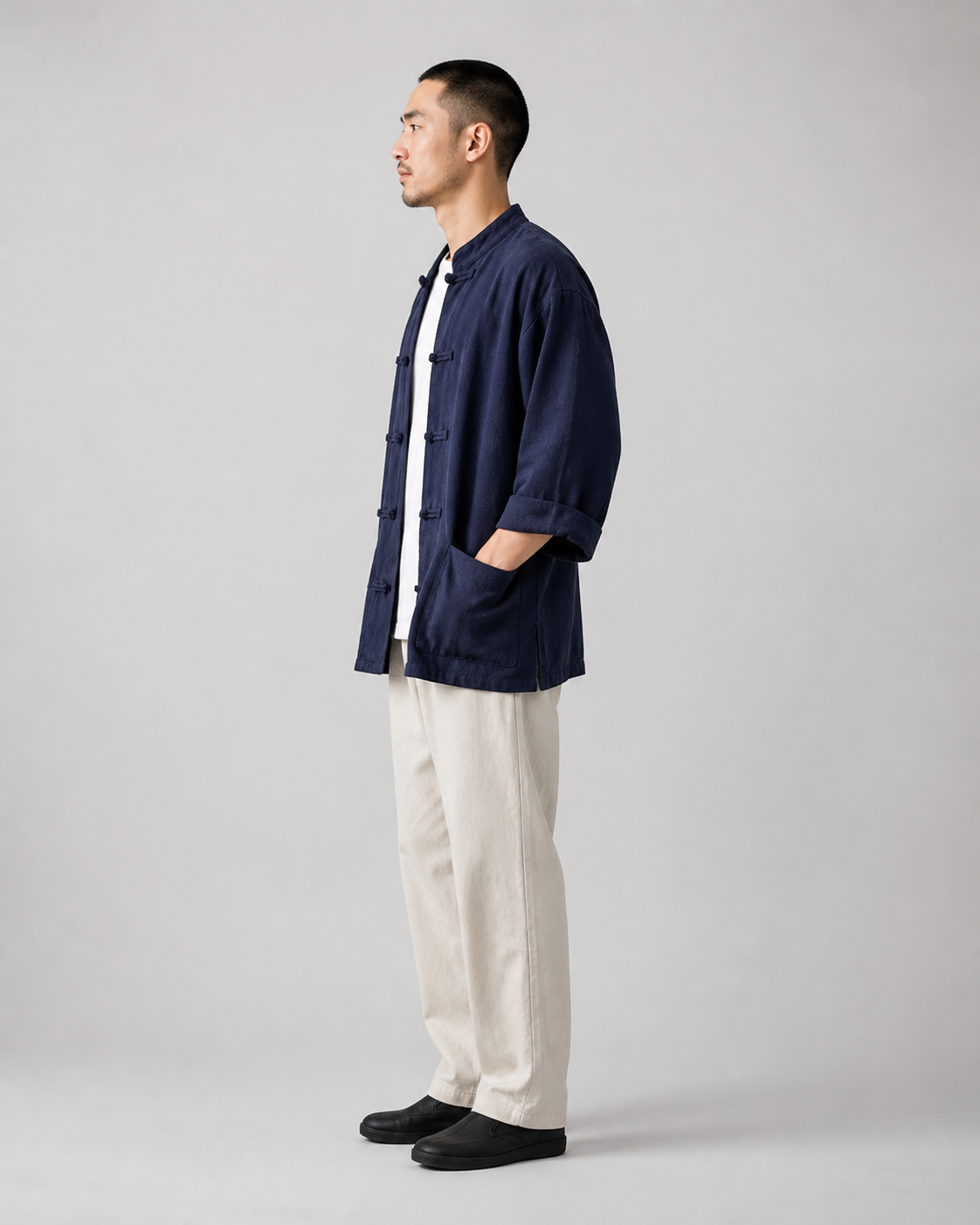 Veste chinoise homme Urara bleu fonce - vue de profil
