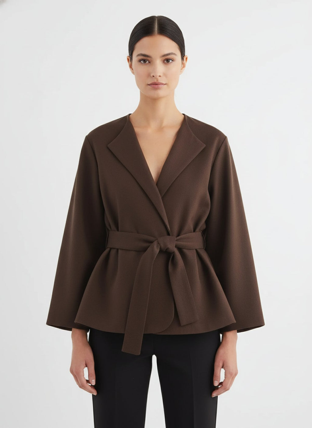 Veste kimono femme marron ceinturée vue de face