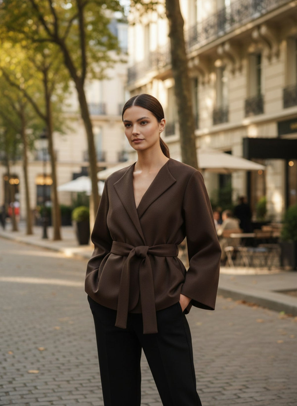 Veste kimono femme marron ceinturée portée en extérieur