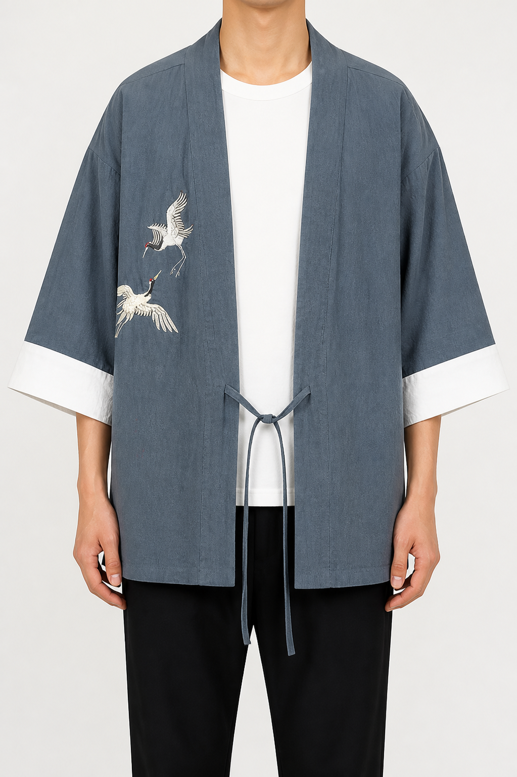Veste kimono homme Shizu bleu ardoise a grues - vue de face